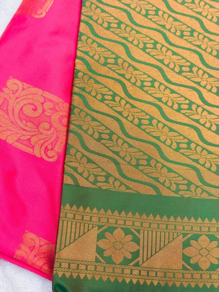Rani Pink Silk Saree with Green Border | Kanchipuram Style Saree | Gold Zari Butta Saree | Traditional Wedding Festive Saree