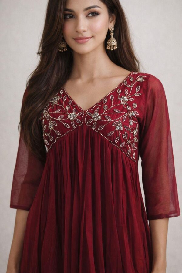 Maroon Georgette Anarkali Kurta | Embroidered Indian Dress