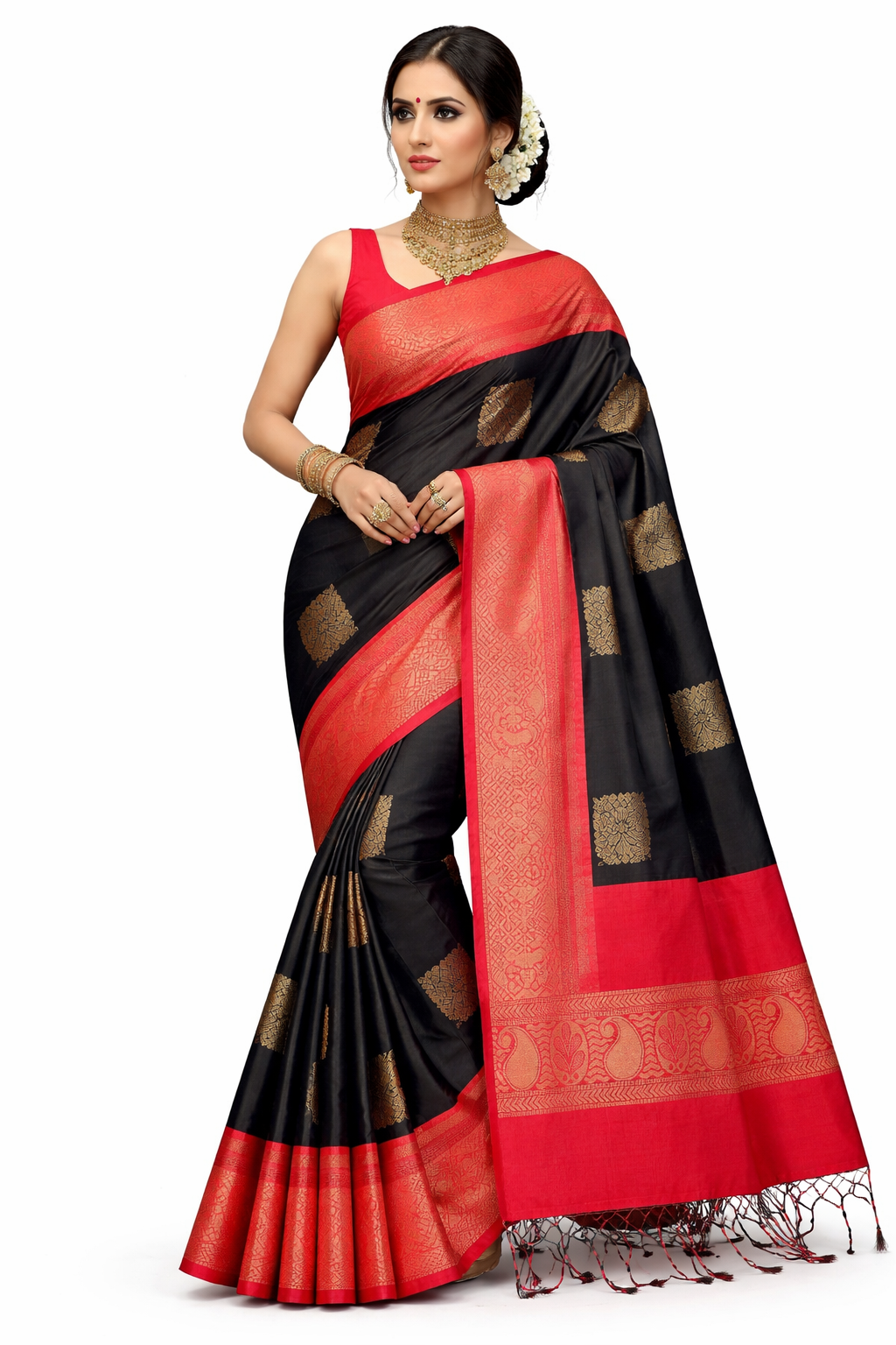 Black Silk Saree with Red Kanchipuram Border, Traditional South Indian Saree, Gold Zari Motif Saree, Festive Party Wear - Image 6