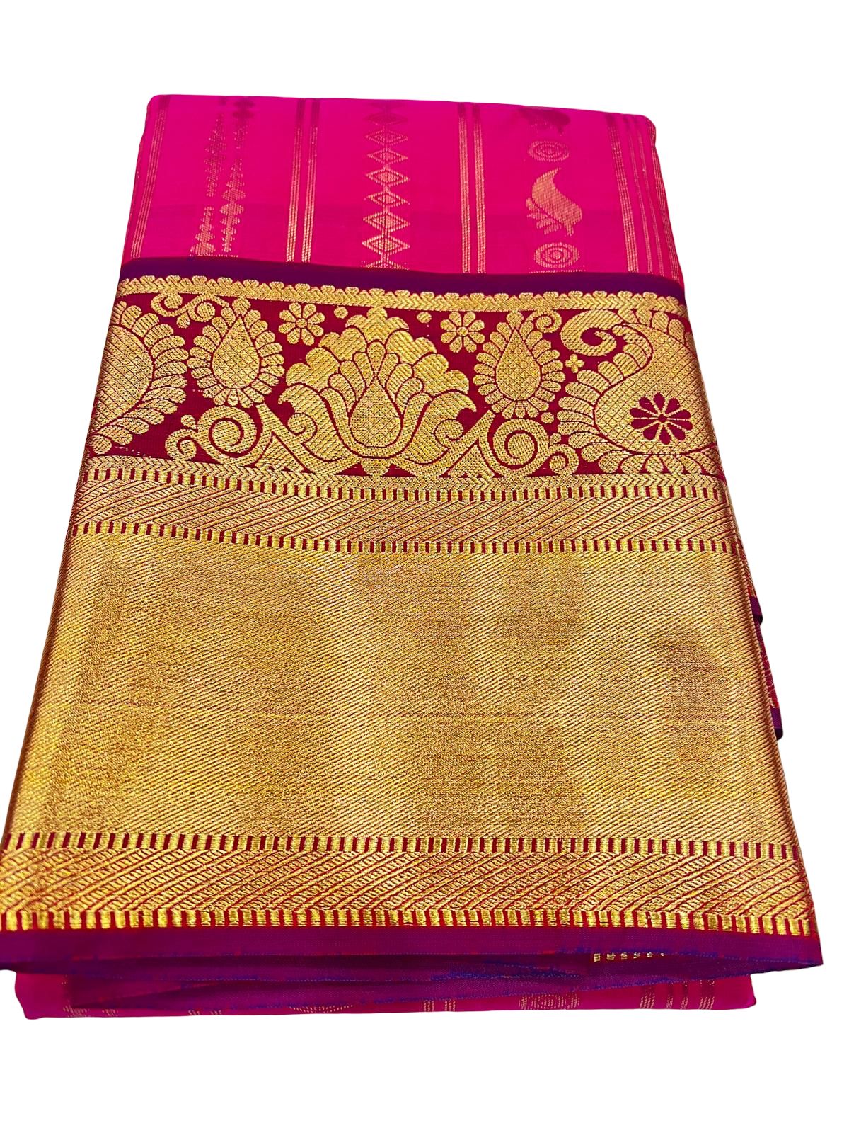 Kanchipuram Semi Silk Saree Pink | Hot Pink Wedding Saree with Rich Zari Border | Traditional South Indian | Bridal Party Wear - Image 4