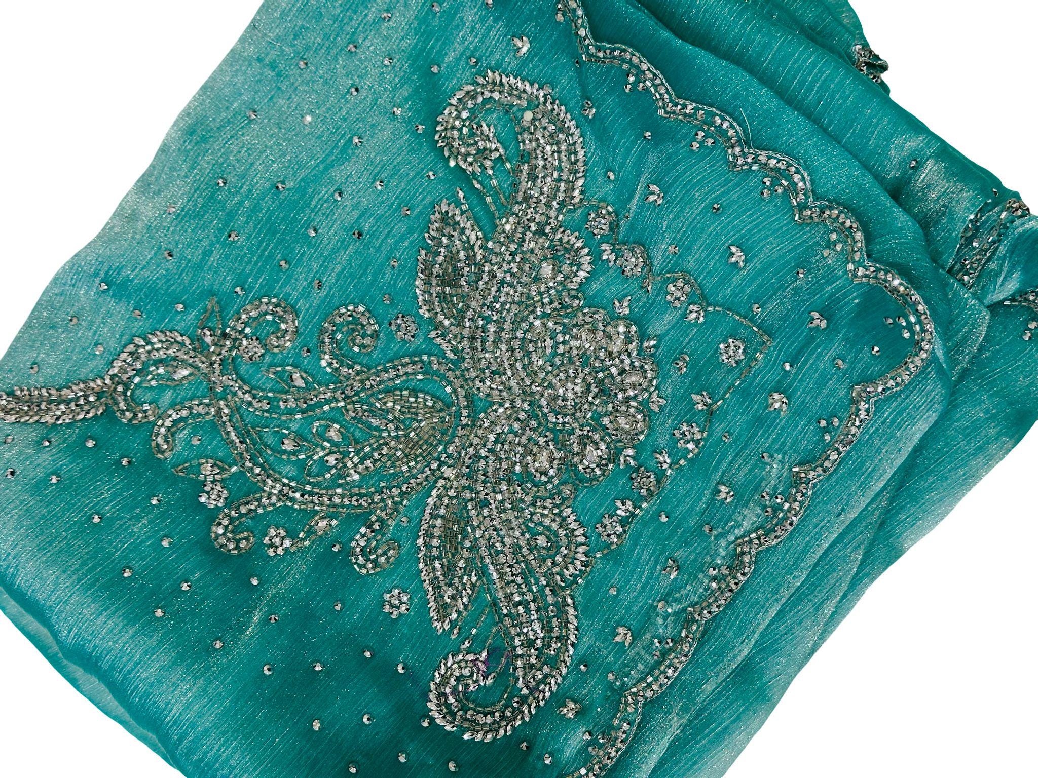 Party Wear Embellished saree with sequin Jarkhan Work | Teal blue & Skyblue - Image 4