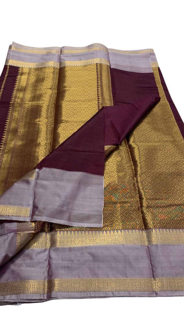 Kattan Silk Saree with Stitched Blouse | Wine Maroon Kanchipuram Style Saree | Bridal South Indian Saree | Wedding Party Wear - Image 4