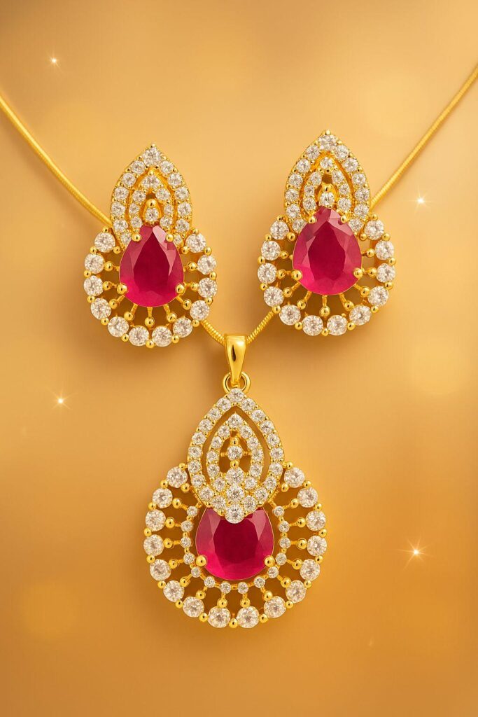 Ruby Chain and Earrings Set: Gold Plated Imitation Jewelry