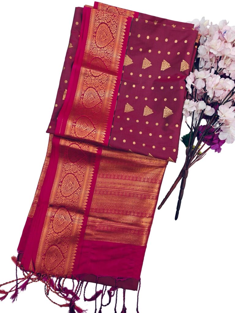Maroon Kanchipuram Style Silk Saree with Rich Zari Border | Copper Zari Butta Saree | South Indian Wedding Saree | Festive Party Saree
