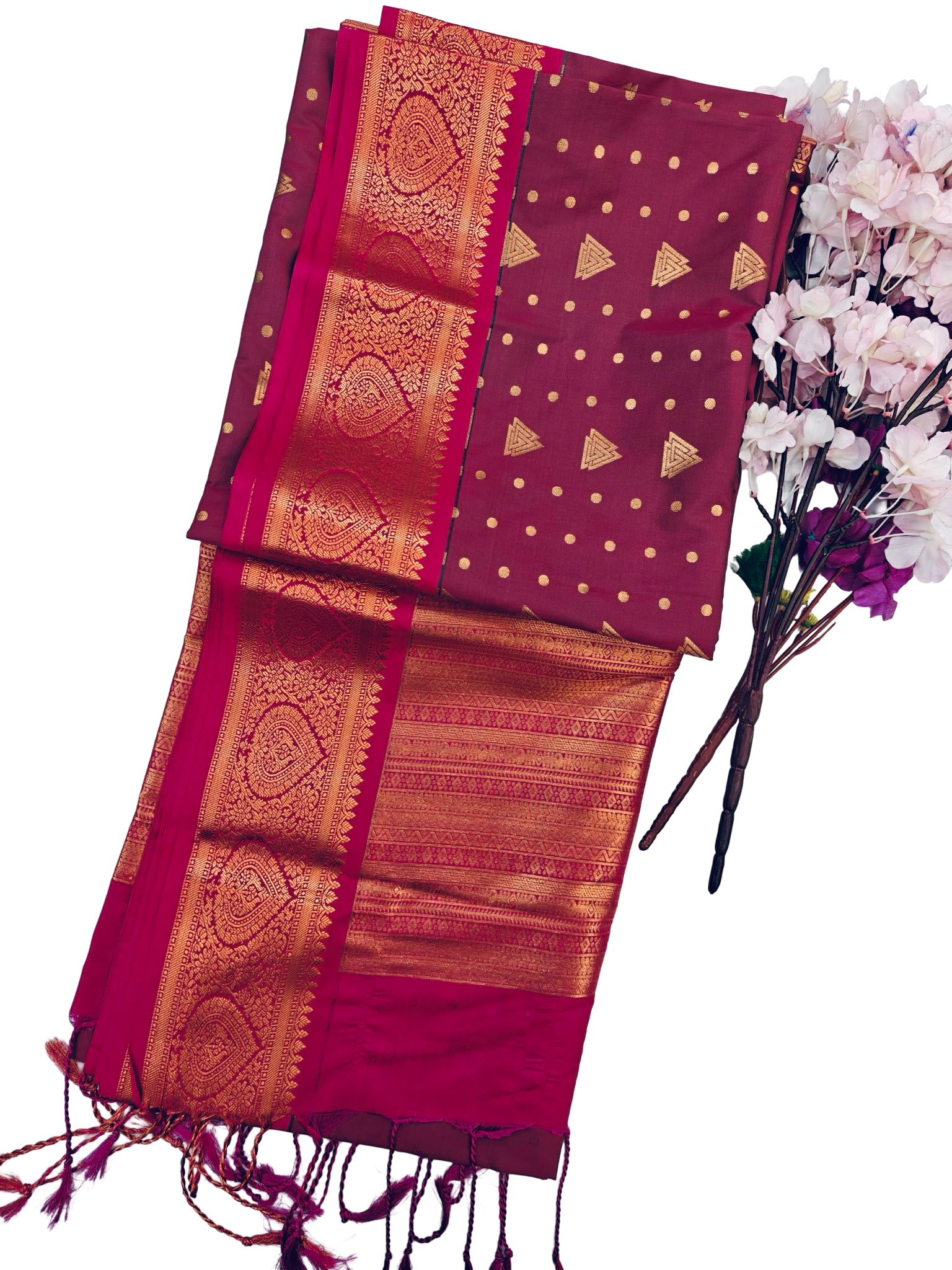 Maroon Kanchipuram Style Silk Saree with Rich Zari Border | Copper Zari Butta Saree | South Indian Wedding Saree | Festive Party Saree - Image 3