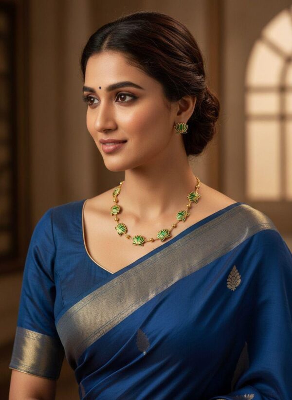 Lotus Necklace Set Gold Plated | Red & Green Enamel Floral Necklace with Matching Stud Earrings - Image 4