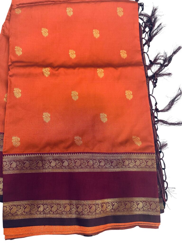 Kanchipuram Soft Silk Saree Orange with Maroon Retta Petta Border | Rich Zari Pallu Saree | Traditional South | Festive Silk Saree