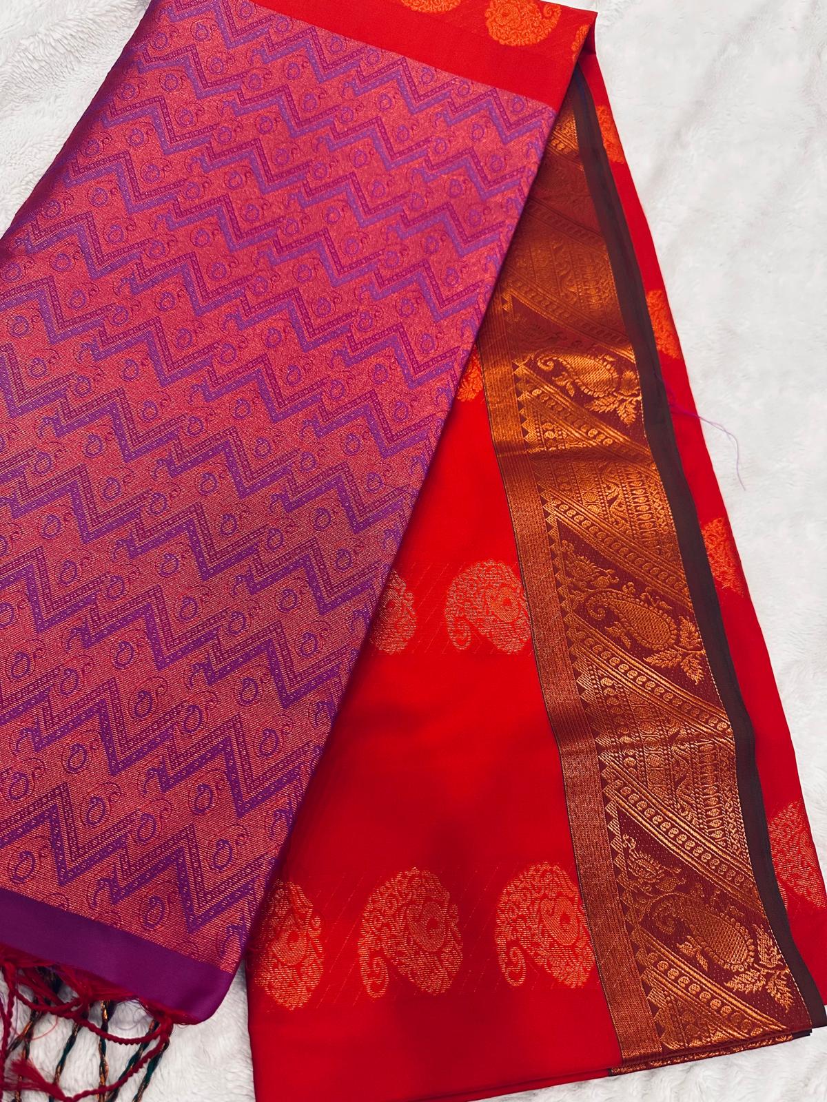 Red Soft Silk Saree with Purple Zari Pallu, Traditional Paisley Butta Saree, Kanchipuram Style Silk Saree, Bridal Festive Indian Saree - Image 2