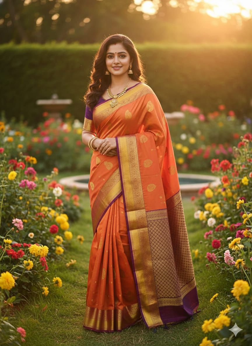 Rust Orange Kanchipuram Semi Silk Saree with Purple Border | Bridal Wedding Saree | Traditional Zari Saree | Festive Party Wear - Image 5