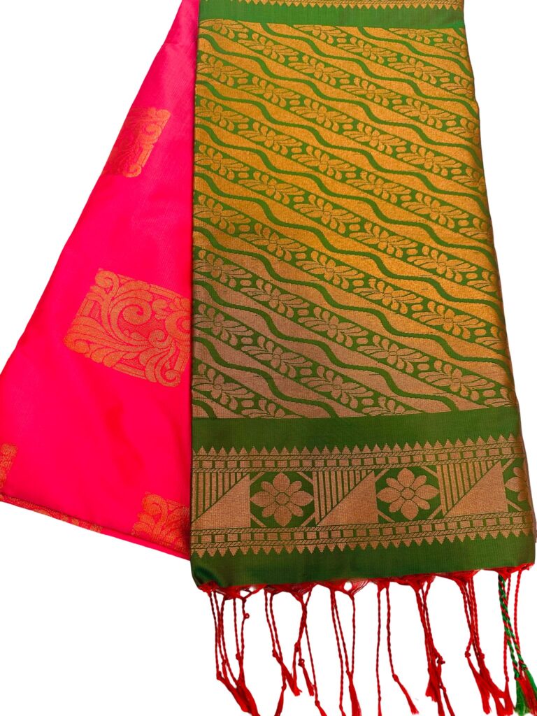 Rani Pink Silk Saree with Green Border | Kanchipuram Style Saree | Gold Zari Butta Saree | Traditional Wedding Festive Saree