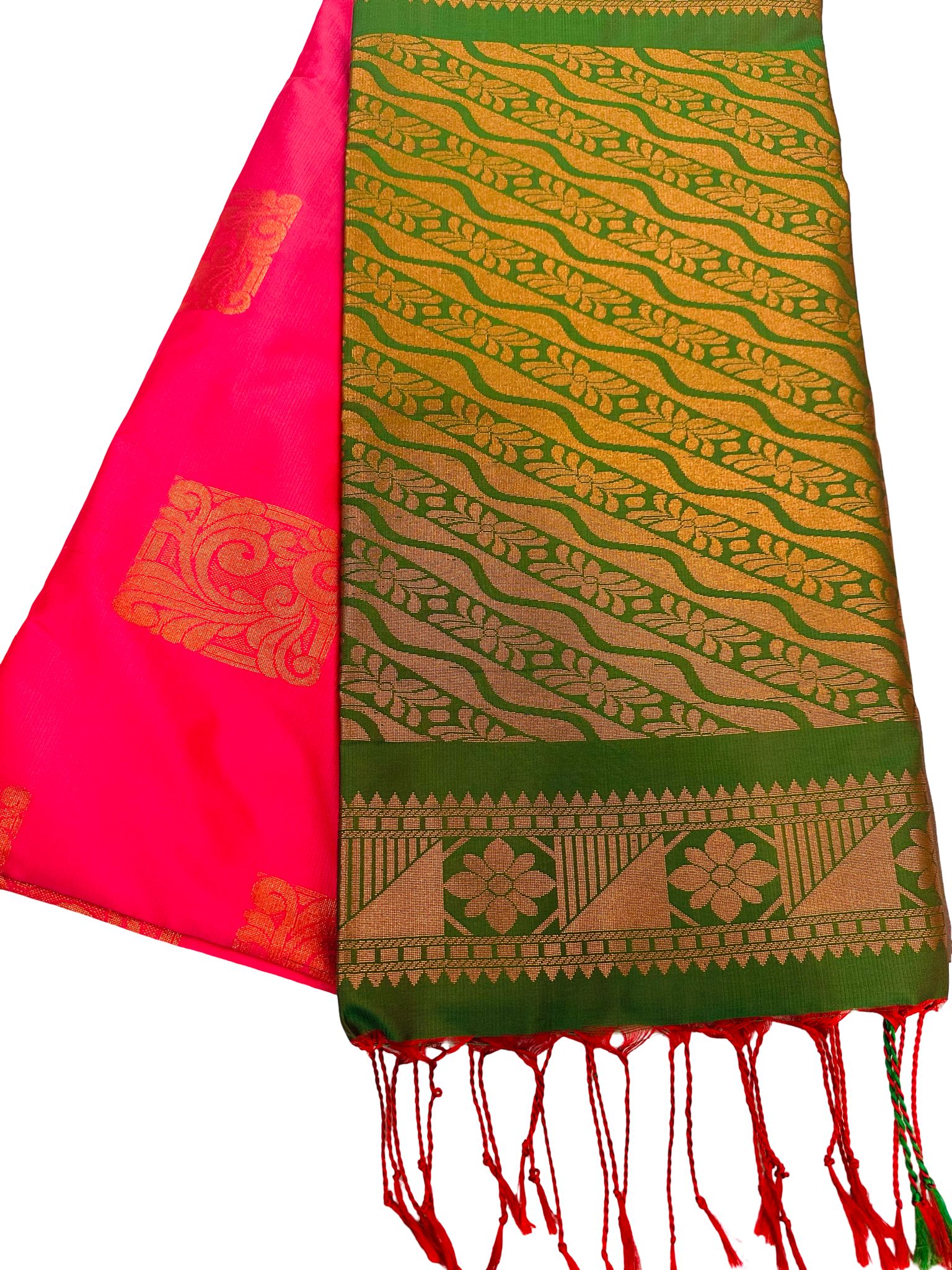 Rani Pink Silk Saree with Green Border | Kanchipuram Style Saree | Gold Zari Butta Saree | Traditional Wedding Festive Saree - Image 3