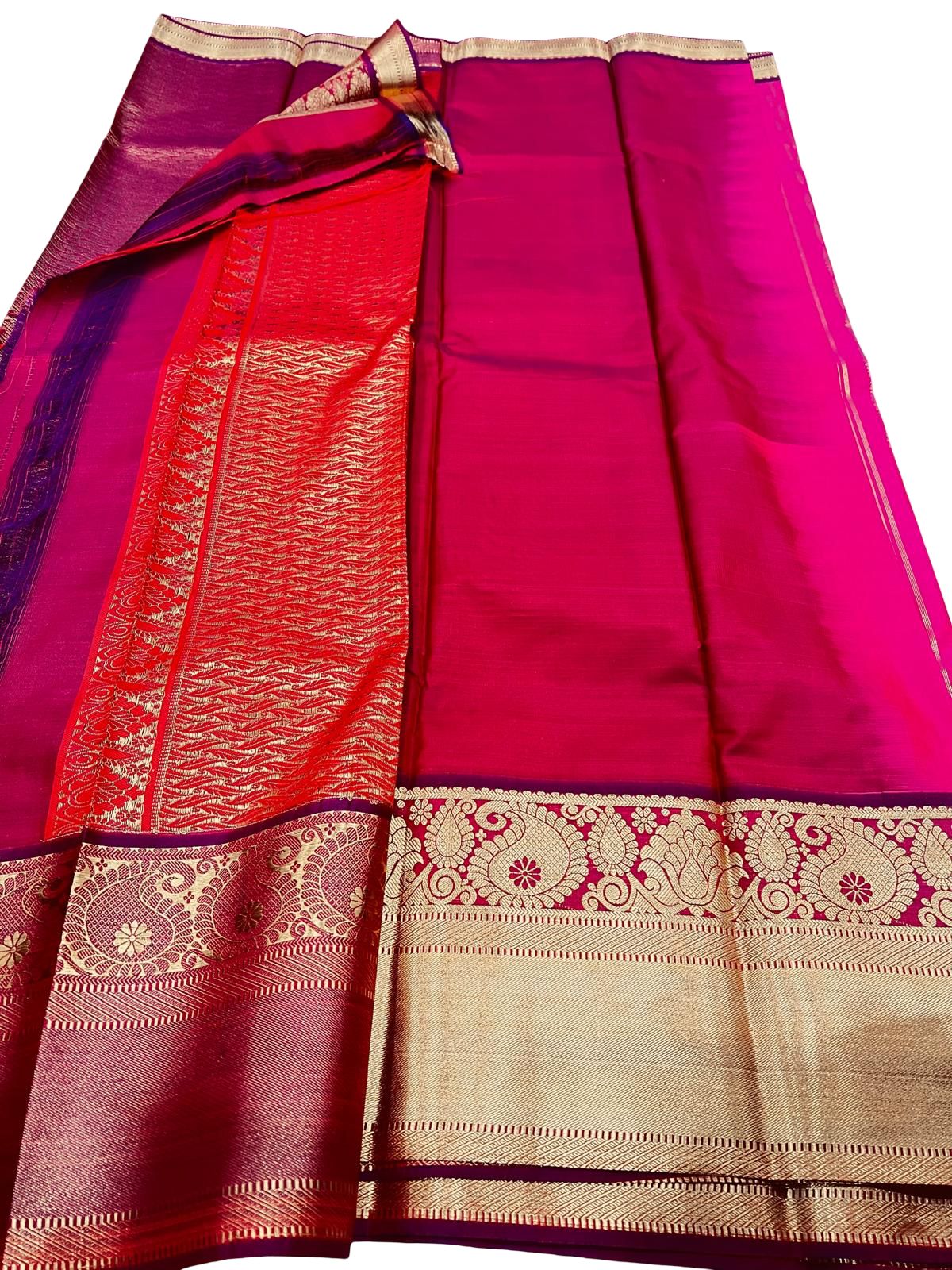 Kanchipuram Semi Silk Saree Pink | Hot Pink Wedding Saree with Rich Zari Border | Traditional South Indian | Bridal Party Wear - Image 3
