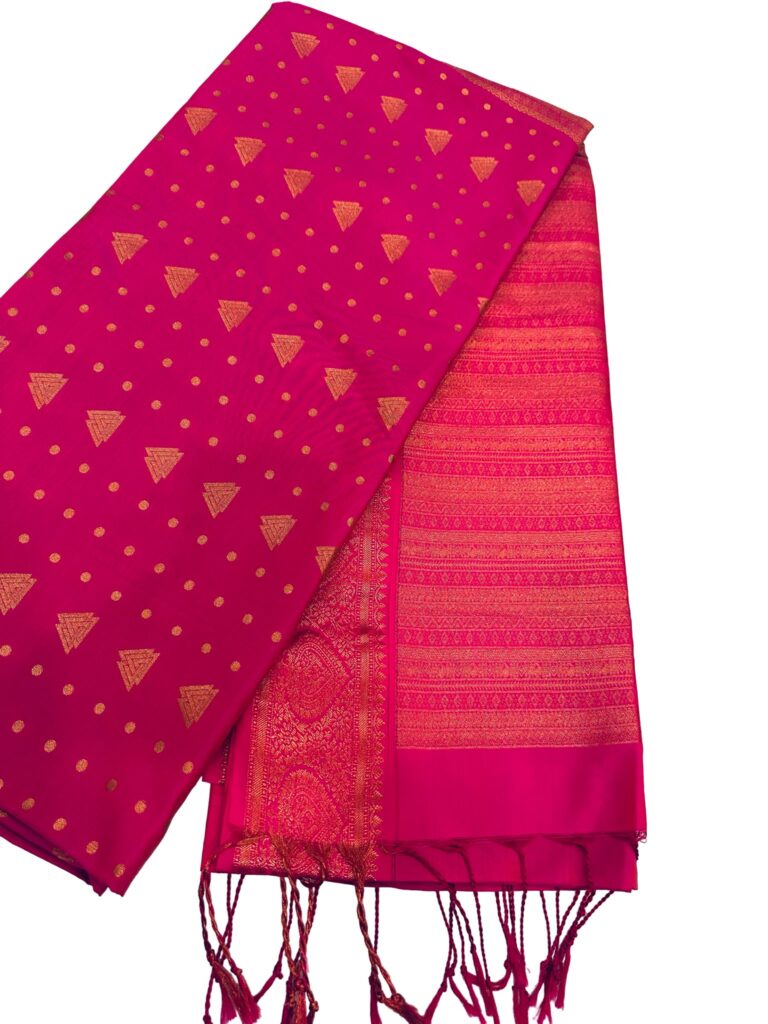 Rani Pink Kanchipuram Semi Silk Saree, Gold Zari Butta Saree, Triangle Motif Silk Saree, Wedding Party , Traditional South, Festive Wear