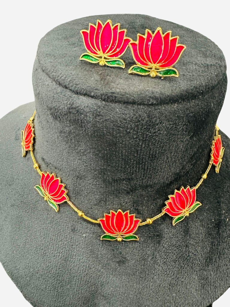 Lotus Necklace Set Gold Plated | Red & Green Enamel Floral Necklace with Matching Stud Earrings