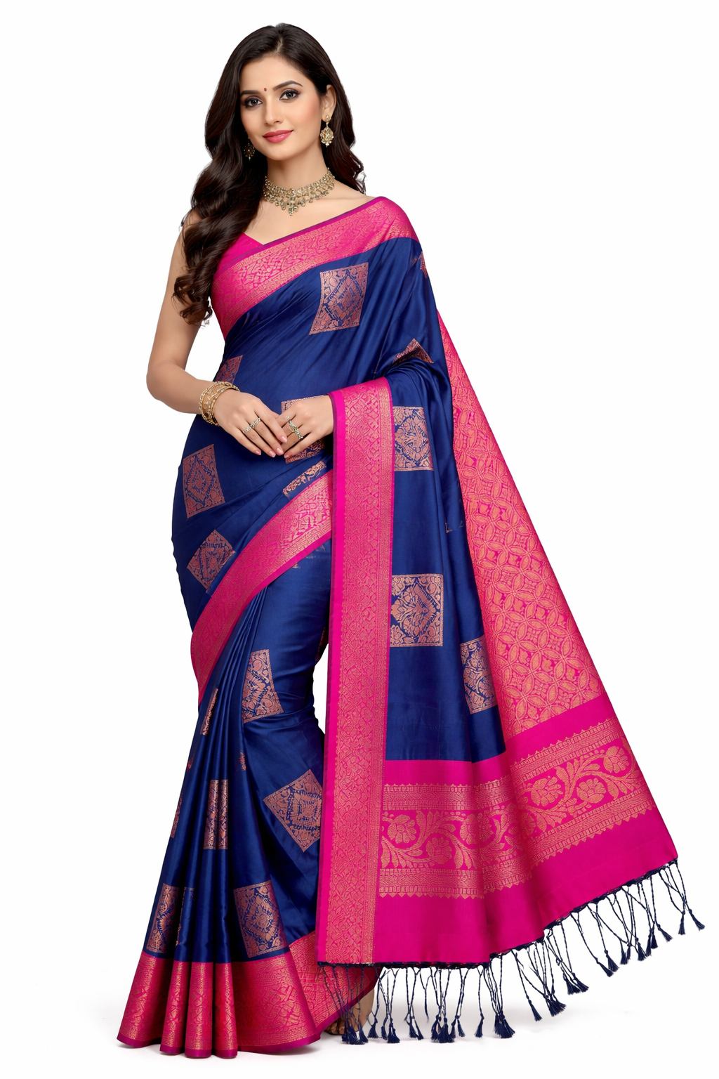 Royal Blue Pink Kanchipuram Style Silk Saree, Contrast Hot Pink Zari Border Saree, Traditional South Indian Wedding Saree, Party Wear - Image 1