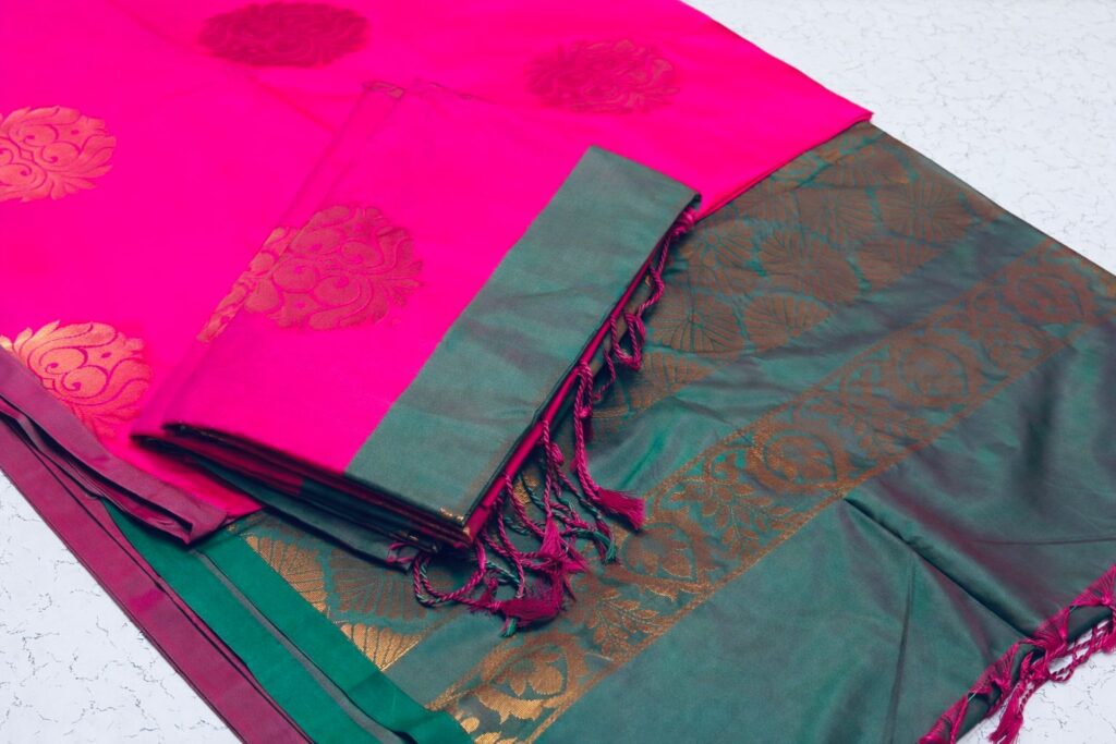 Hot Pink Soft Silk Saree with Green Zari Border, Kanchipuram Style Saree, Rani Pink Wedding Saree, Traditional South, Festive Party Wear