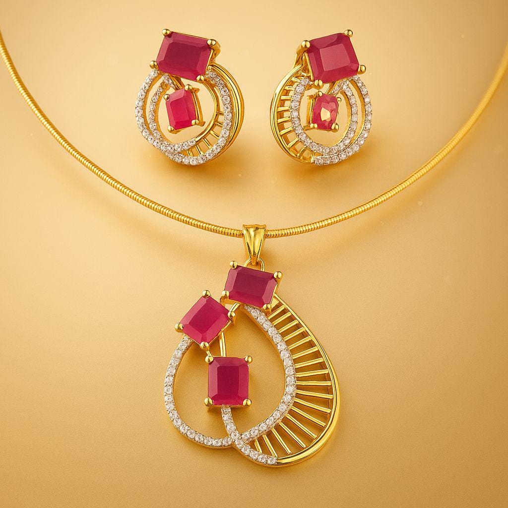 Ruby Chain and Earrings Set: Gold Plated Imitation Jewelry - Image 1