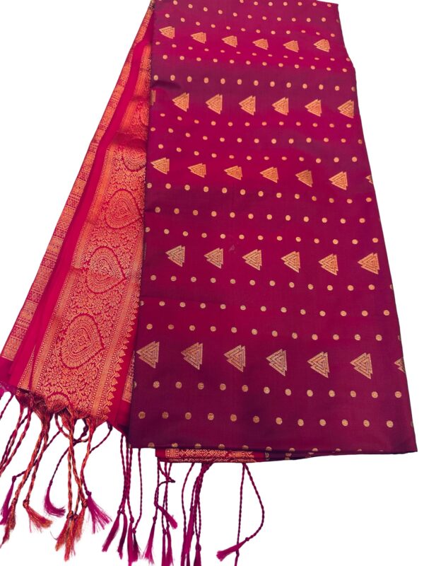 Maroon Kanchipuram Style Silk Saree with Rich Zari Border | Copper Zari Butta Saree | South Indian Wedding Saree | Festive Party Saree - Image 5