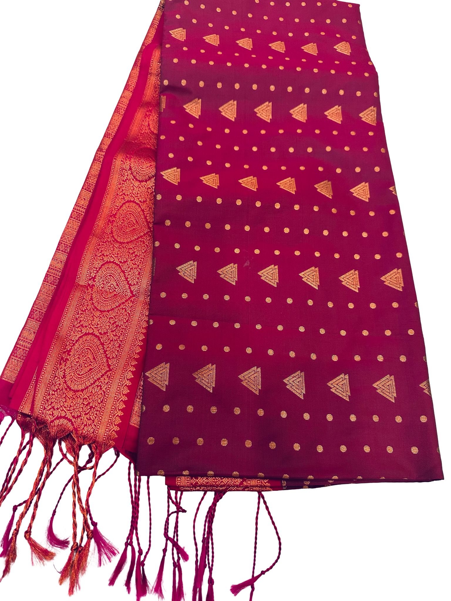 Maroon Kanchipuram Style Silk Saree with Rich Zari Border | Copper Zari Butta Saree | South Indian Wedding Saree | Festive Party Saree - Image 5