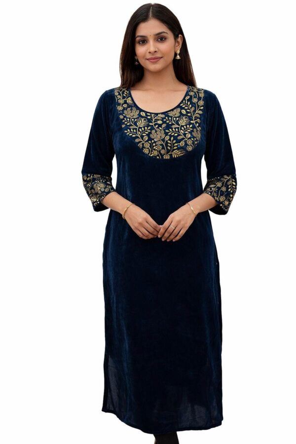 Navy Velvet Kurti | Gold Floral Embroidered Indian Tunic