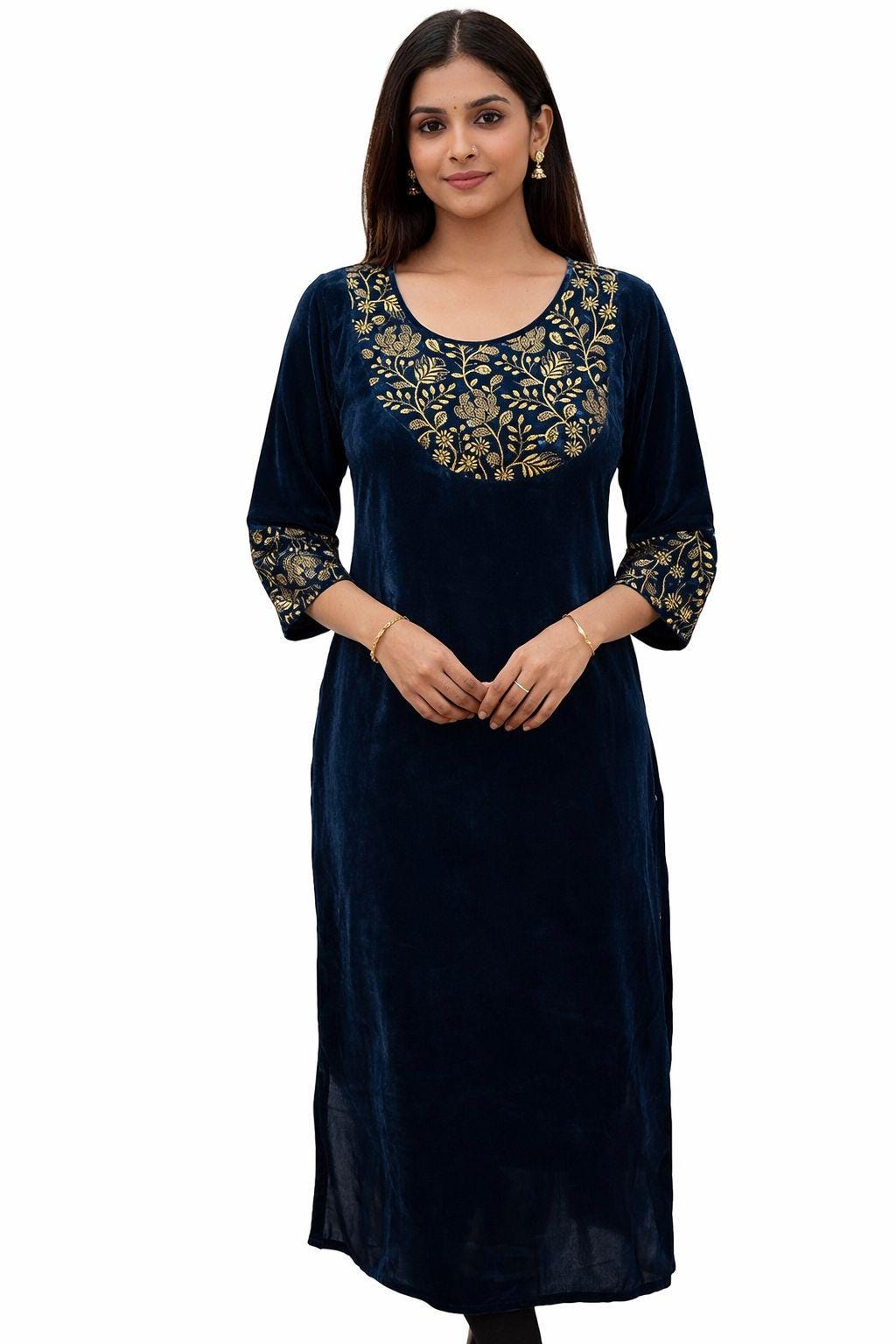 Navy Velvet Kurti | Gold Floral Embroidered Indian Tunic - Image 1