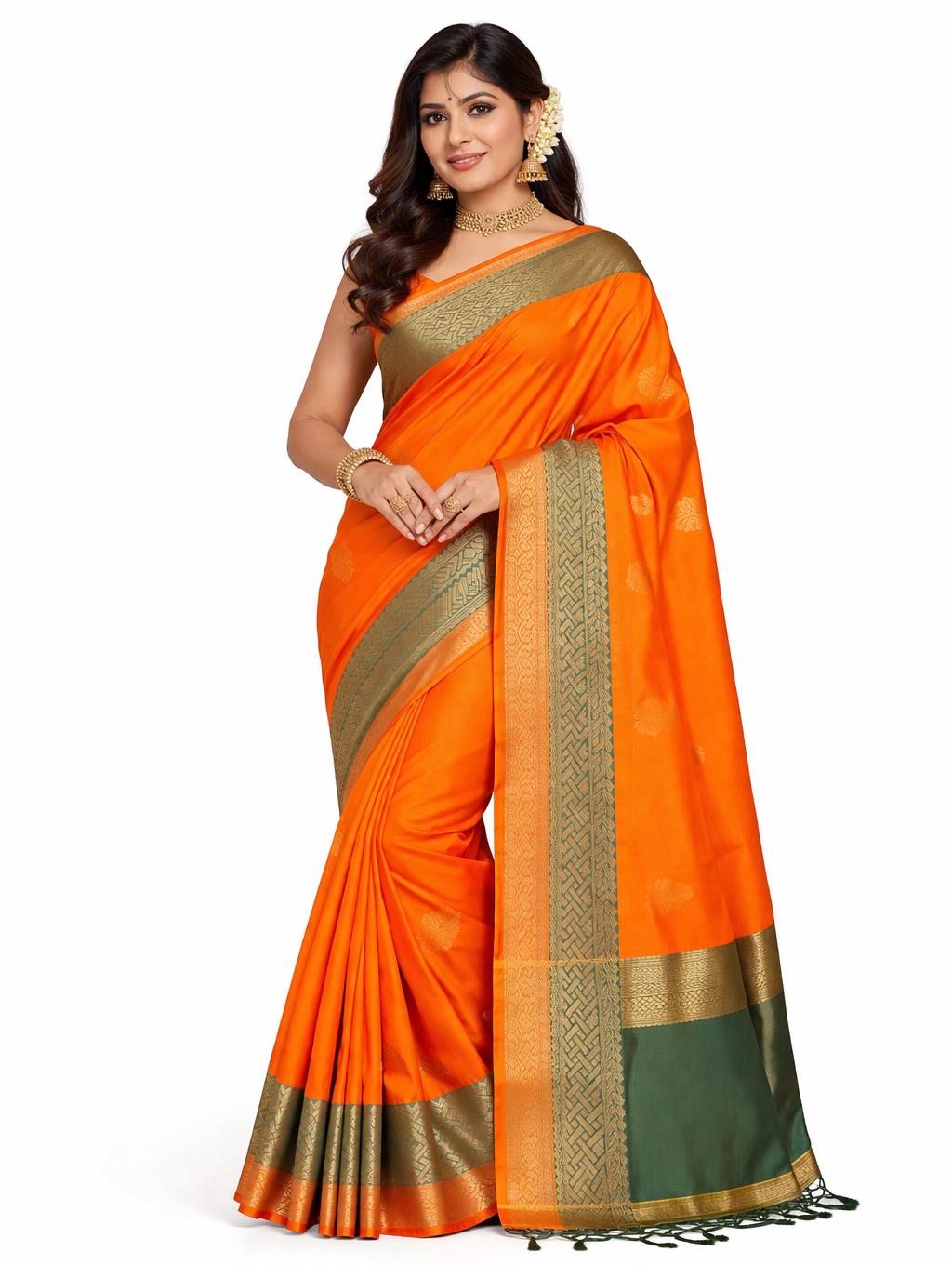 Orange Soft Silk Saree with Green Zari Border, Kanchipuram Style Saree, Traditional South Indian Saree, Wedding Festive Saree, Party Wear - Image 1