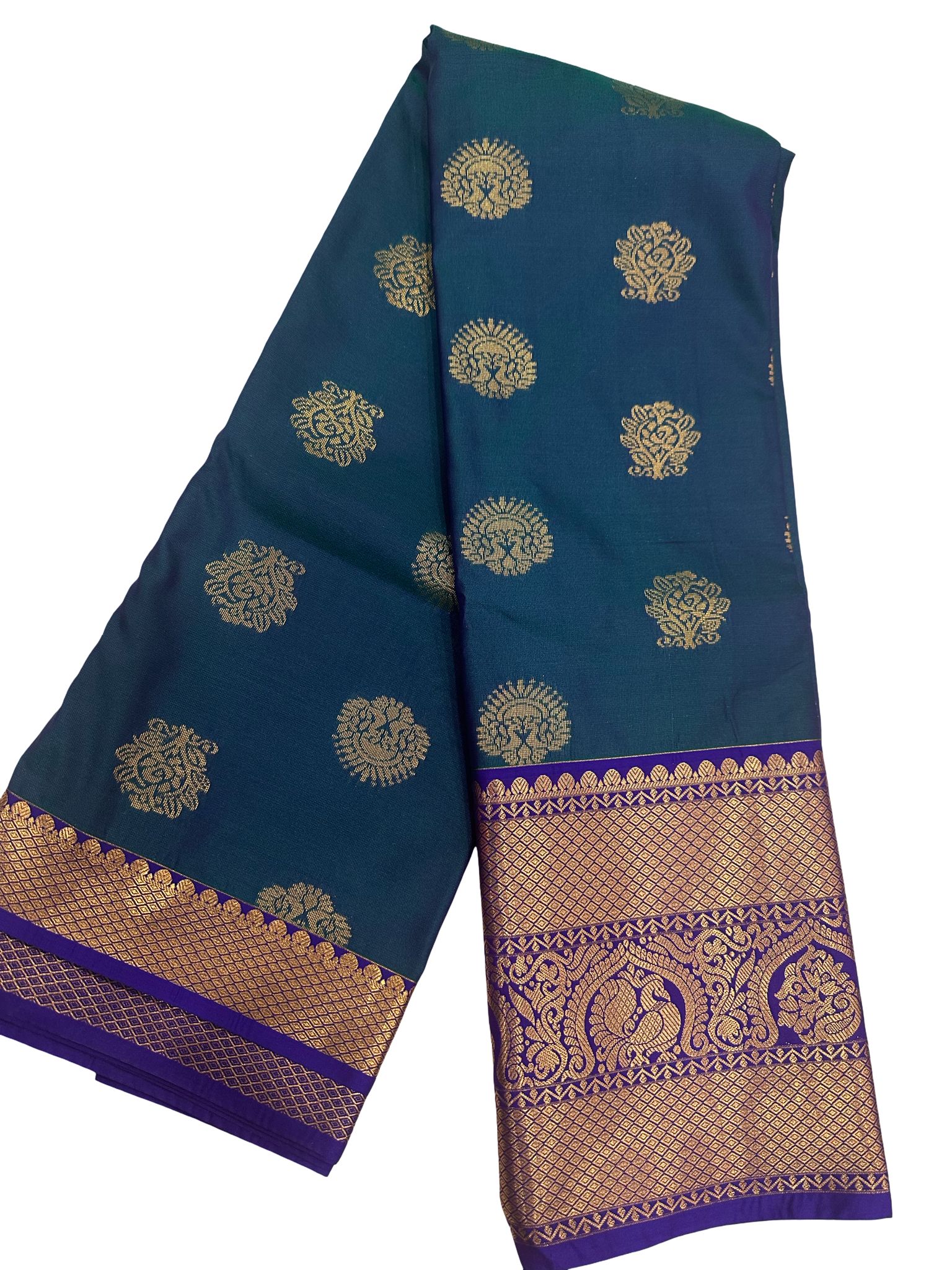 Peacock Green Kanchipuram Semi Silk Saree with Purple Border, Buttery Soft Silk Saree, Rich Zari Pallu, Traditional South, Festive Wear - Image 3