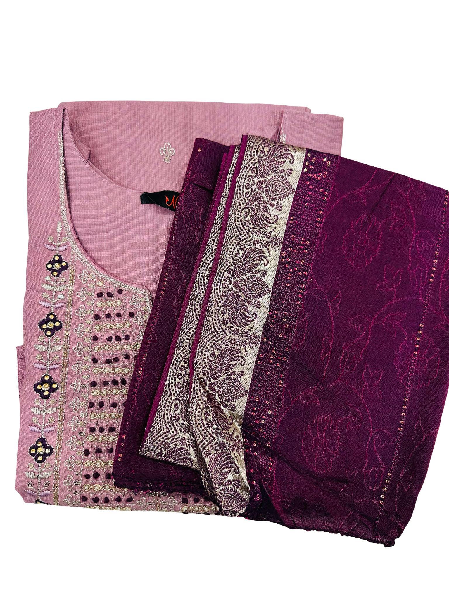 Embroidered Kurta Shalwar Dupatta Set | Onion Pink & Purple Party Wear - Image 3