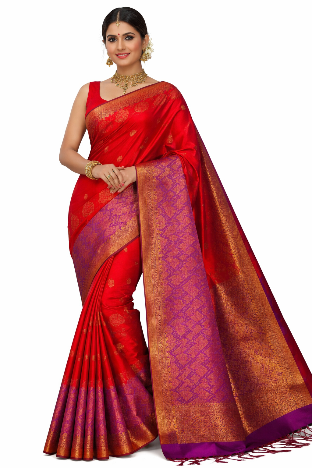 Red Soft Silk Saree with Purple Zari Pallu, Traditional Paisley Butta Saree, Kanchipuram Style Silk Saree, Bridal Festive Indian Saree - Image 1
