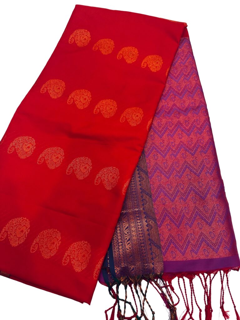 Red Soft Silk Saree with Purple Zari Pallu, Traditional Paisley Butta Saree, Kanchipuram Style Silk Saree, Bridal Festive Indian Saree