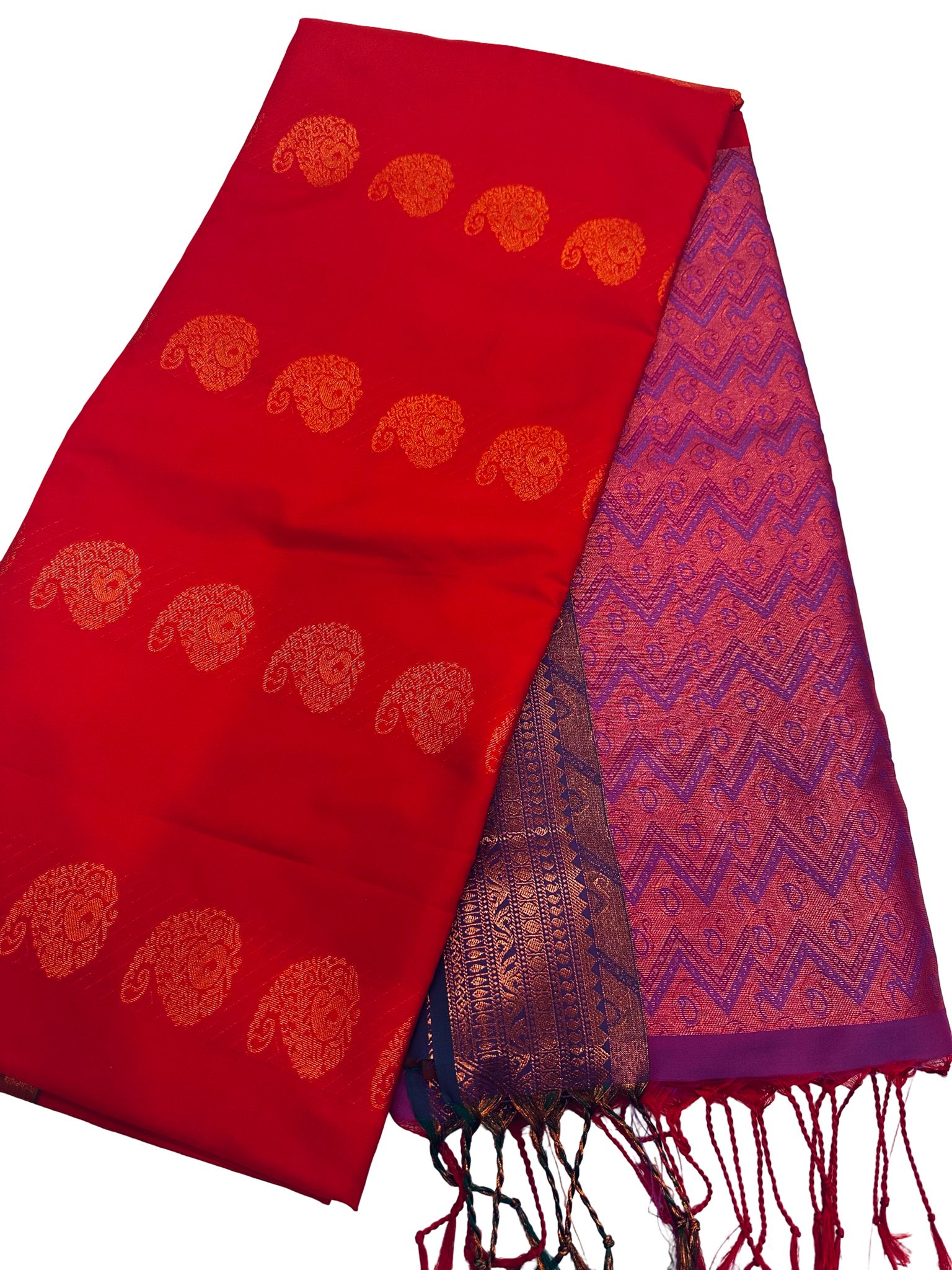 Red Soft Silk Saree with Purple Zari Pallu, Traditional Paisley Butta Saree, Kanchipuram Style Silk Saree, Bridal Festive Indian Saree - Image 4