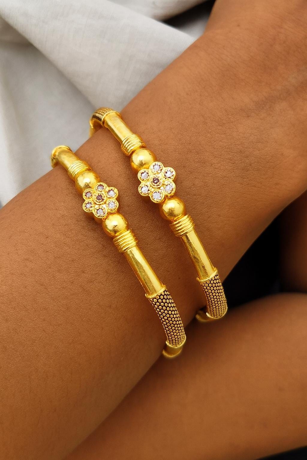 Micro gold plating Floral Kada Bangles | American Diamond Flower Bracelet | Size 24 and 28 - Image 2