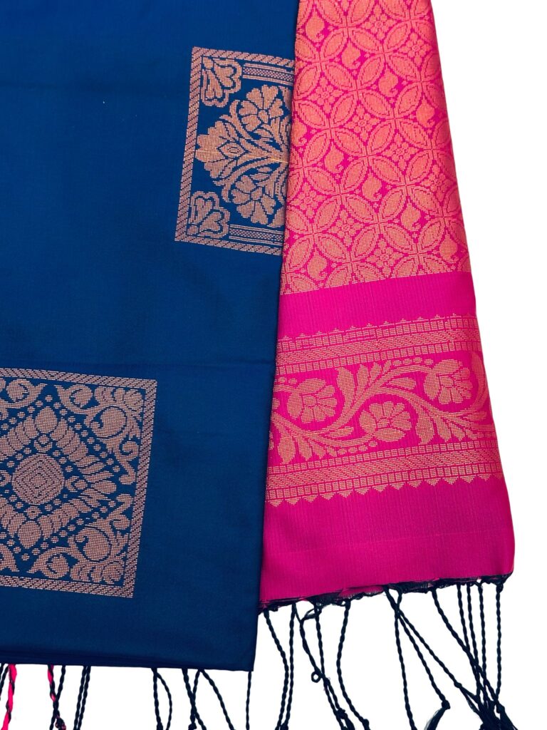 Royal Blue Pink Kanchipuram Style Silk Saree, Contrast Hot Pink Zari Border Saree, Traditional South Indian Wedding Saree, Party Wear
