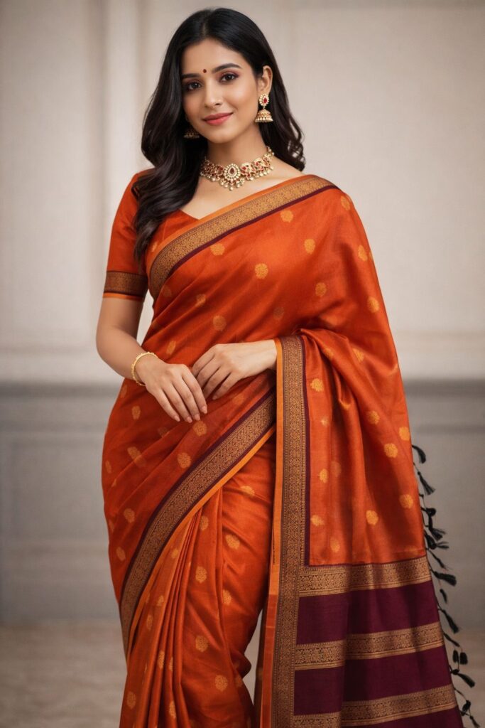 Kanchipuram Soft Silk Saree Orange with Maroon Retta Petta Border | Rich Zari Pallu Saree | Traditional South | Festive Silk Saree