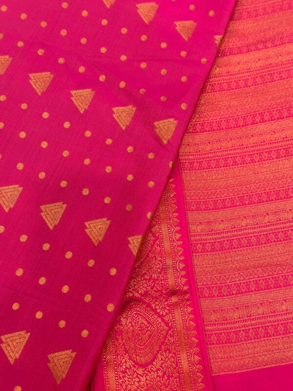 Rani Pink Kanchipuram Semi Silk Saree, Gold Zari Butta Saree, Triangle Motif Silk Saree, Wedding Party , Traditional South, Festive Wear - Image 4