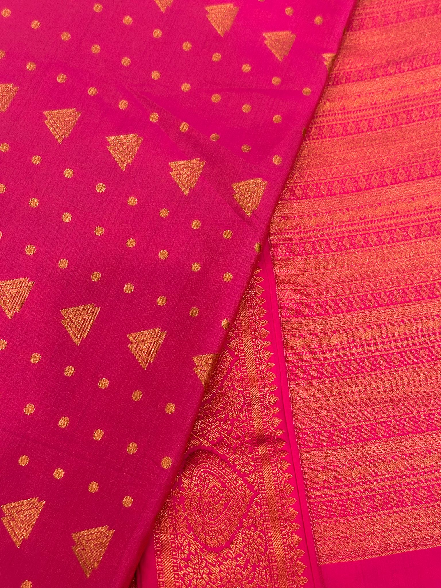 Rani Pink Kanchipuram Semi Silk Saree, Gold Zari Butta Saree, Triangle Motif Silk Saree, Wedding Party , Traditional South, Festive Wear - Image 4