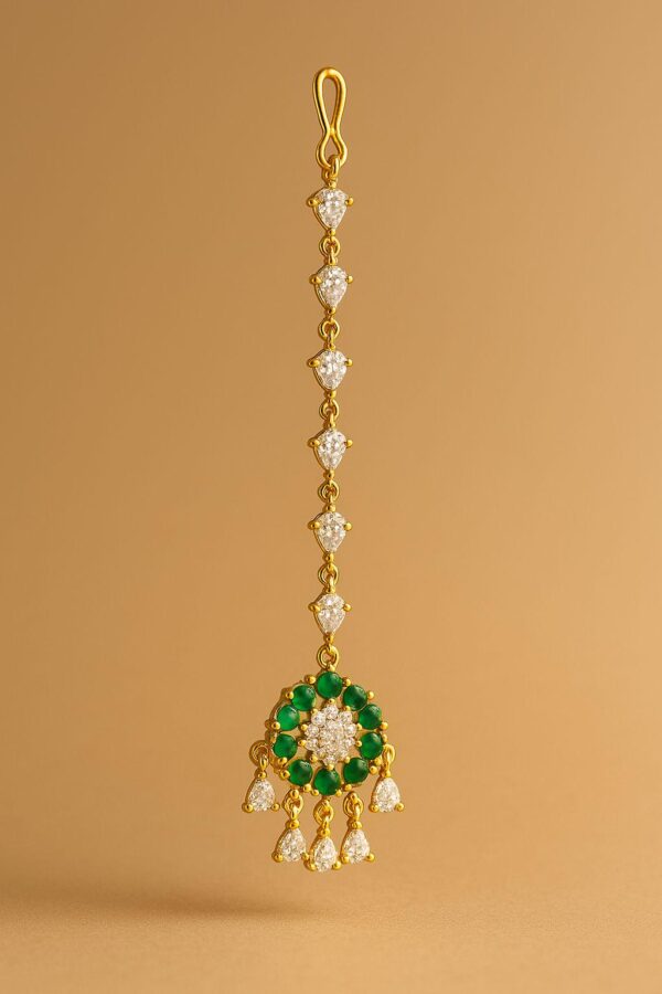 CZ Diamond Maang Tikka | Gold-Plated Royal Blue Bridal Forehead Jewelry - Image 2