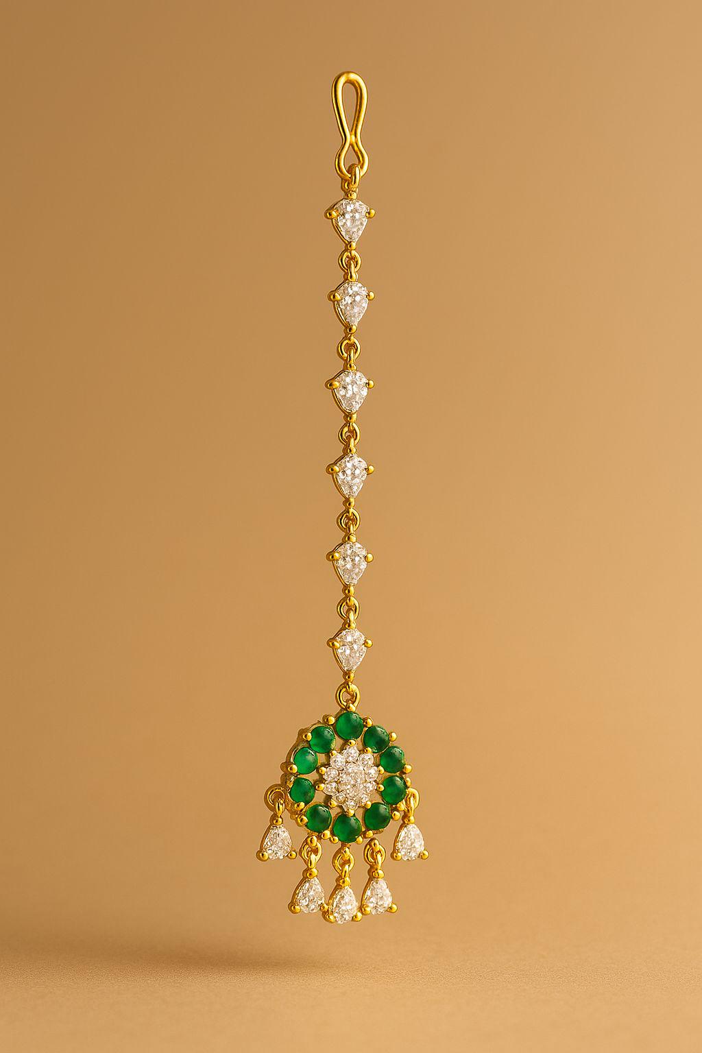 CZ Diamond Maang Tikka | Gold-Plated Royal Blue Bridal Forehead Jewelry - Image 2