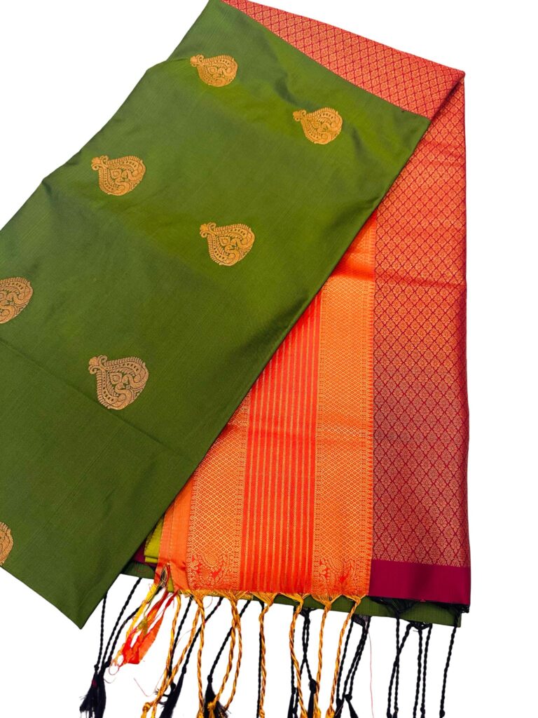 Green Silk Saree with Wine Pallu | Retta Petta Border Kanchipuram Style Saree | Gold Zari Butta Saree | Traditional Wedding Saree