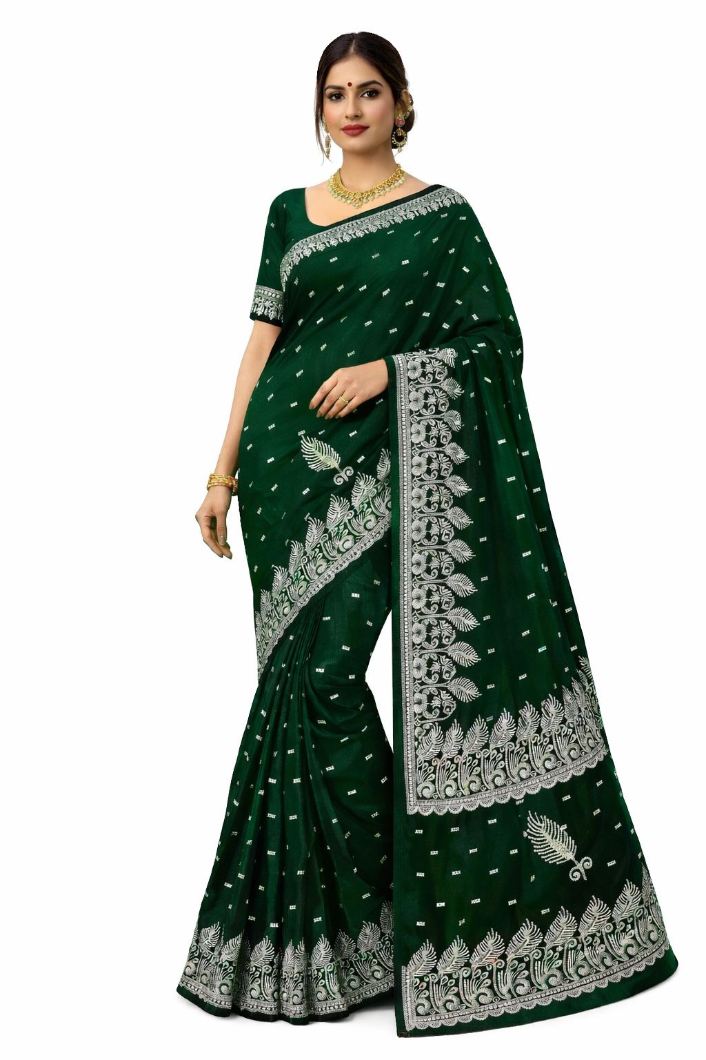 Space Silk Saree | Silver Zari Embroidery, Feather Motifs, Unstitched Blouse - Image 7