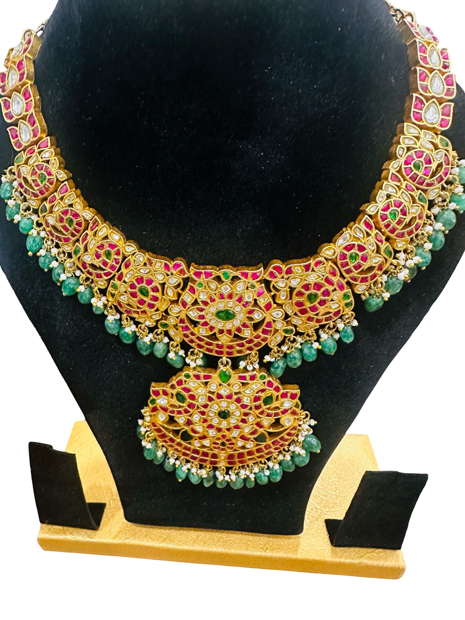 Mid-Length Jadau Necklace Set with Kundan Stones, Green Beads and Pendant, Traditional Indian Bridal Jewelry, Gold Tone Statement Necklace - Image 1