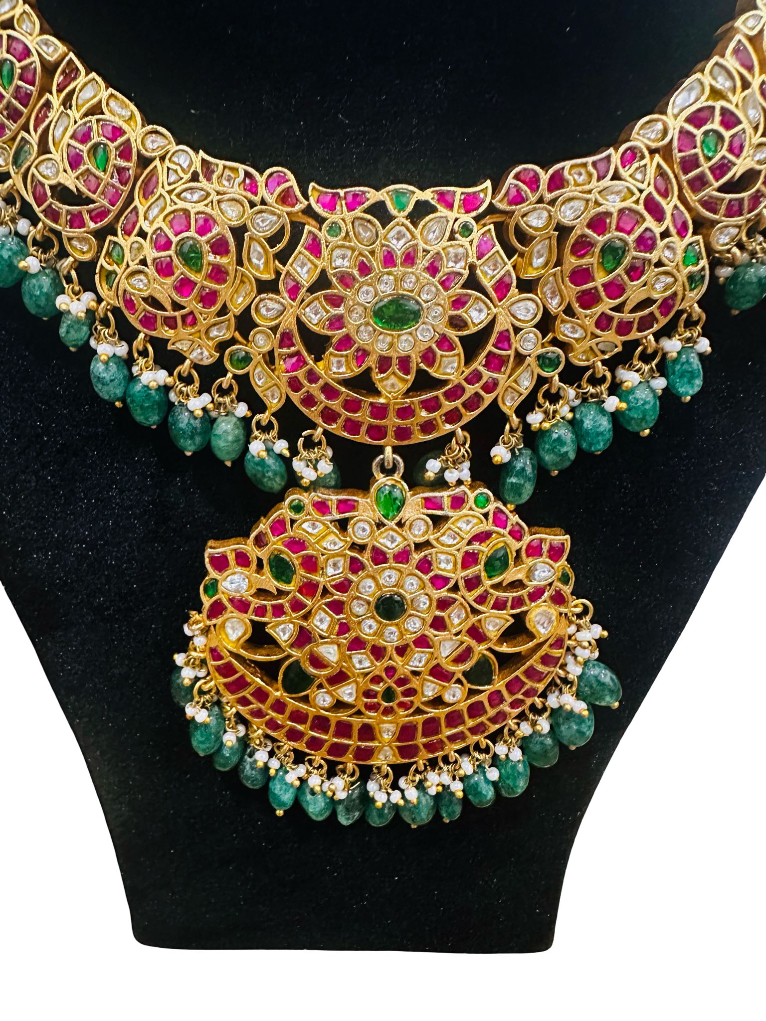 Mid-Length Jadau Necklace Set with Kundan Stones, Green Beads and Pendant, Traditional Indian Bridal Jewelry, Gold Tone Statement Necklace - Image 2