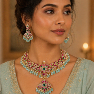 Handcrafted Jadau Necklace with Emerald, Ruby Stones and Mint Green Drops| Statement Gold Choker with Pendant