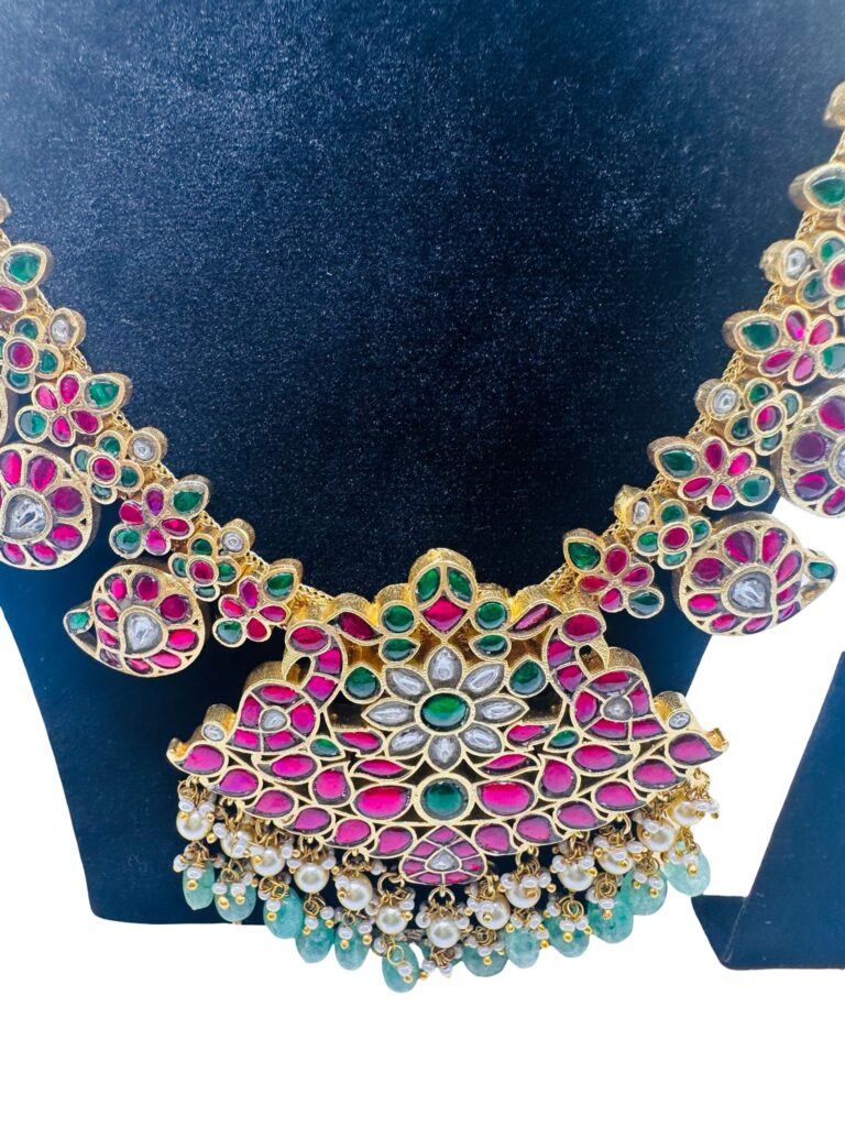 Jadau Kundan Medium Length Necklace Set with Earrings, Pink Green Bridal Jewelry, Traditional Indian Wedding Necklace
