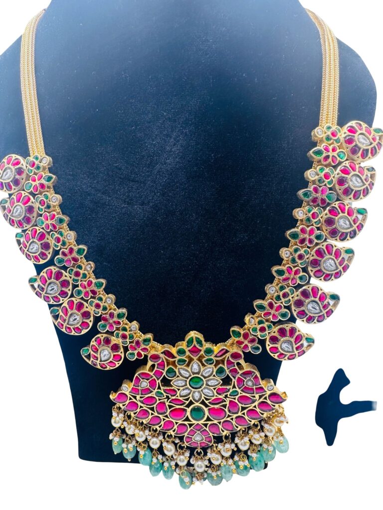 Jadau Kundan Medium Length Necklace Set with Earrings, Pink Green Bridal Jewelry, Traditional Indian Wedding Necklace