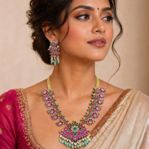 Jadau Kundan Medium Length Necklace Set with Earrings, Pink Green Bridal Jewelry, Traditional Indian Wedding Necklace