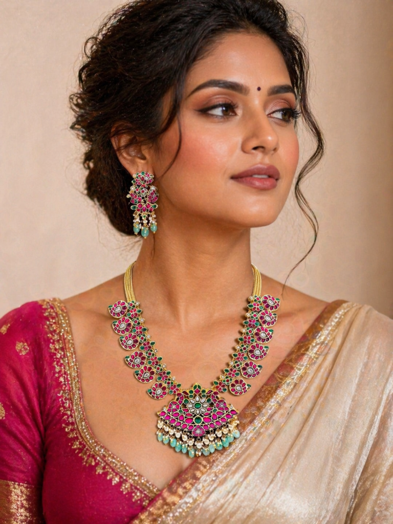 Jadau Kundan Medium Length Necklace Set with Earrings, Pink Green Bridal Jewelry, Traditional Indian Wedding Necklace