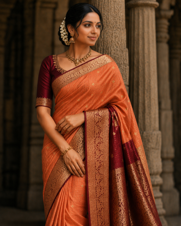 Premium kanchi silk with stitched blouse and falls done - Image 1