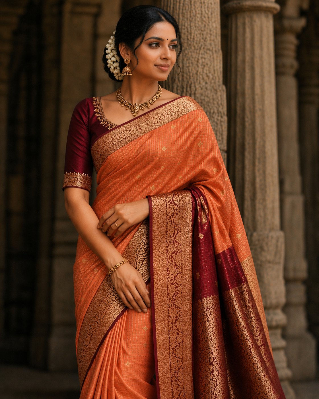 Premium kanchi silk with stitched blouse and falls done - Image 1