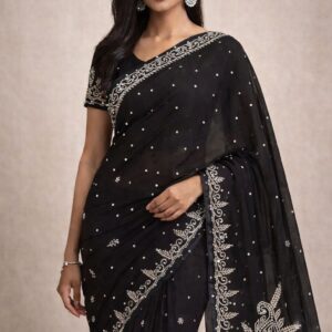 Black Space Silk Saree with Silver Embroidery, Designer Party Wear Saree, Premium Soft Silk Saree, Wedding & Festive Indian Saree